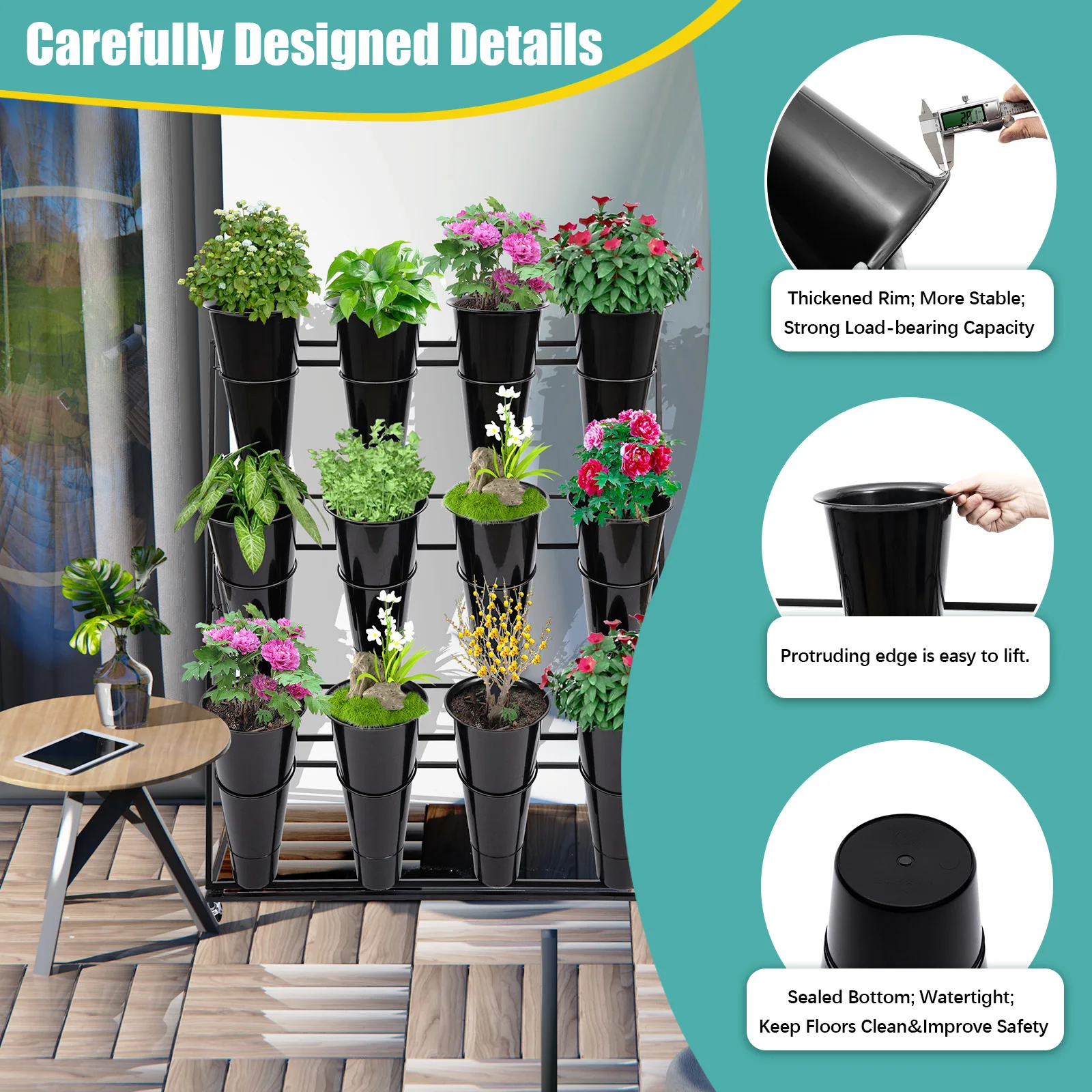 Flower Display Shelf- 12 x Buckets 3 Layers Metal Plant Stand with Wheels Flower Vase Rack Black