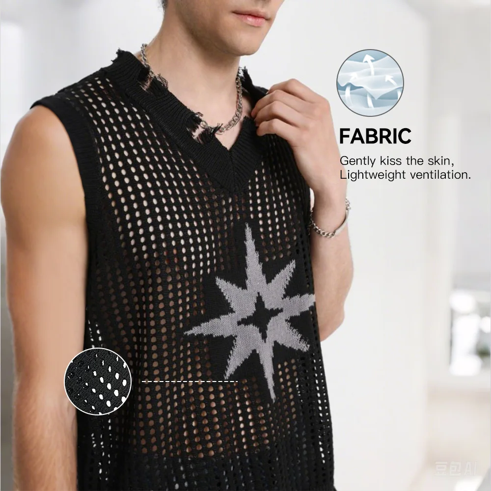 Slavinson Men's Knitted Vest Summer Solid Color Star Pattern Mesh Vest Casual Sleeveless Breathable Woolen Knit Soft Top US Size