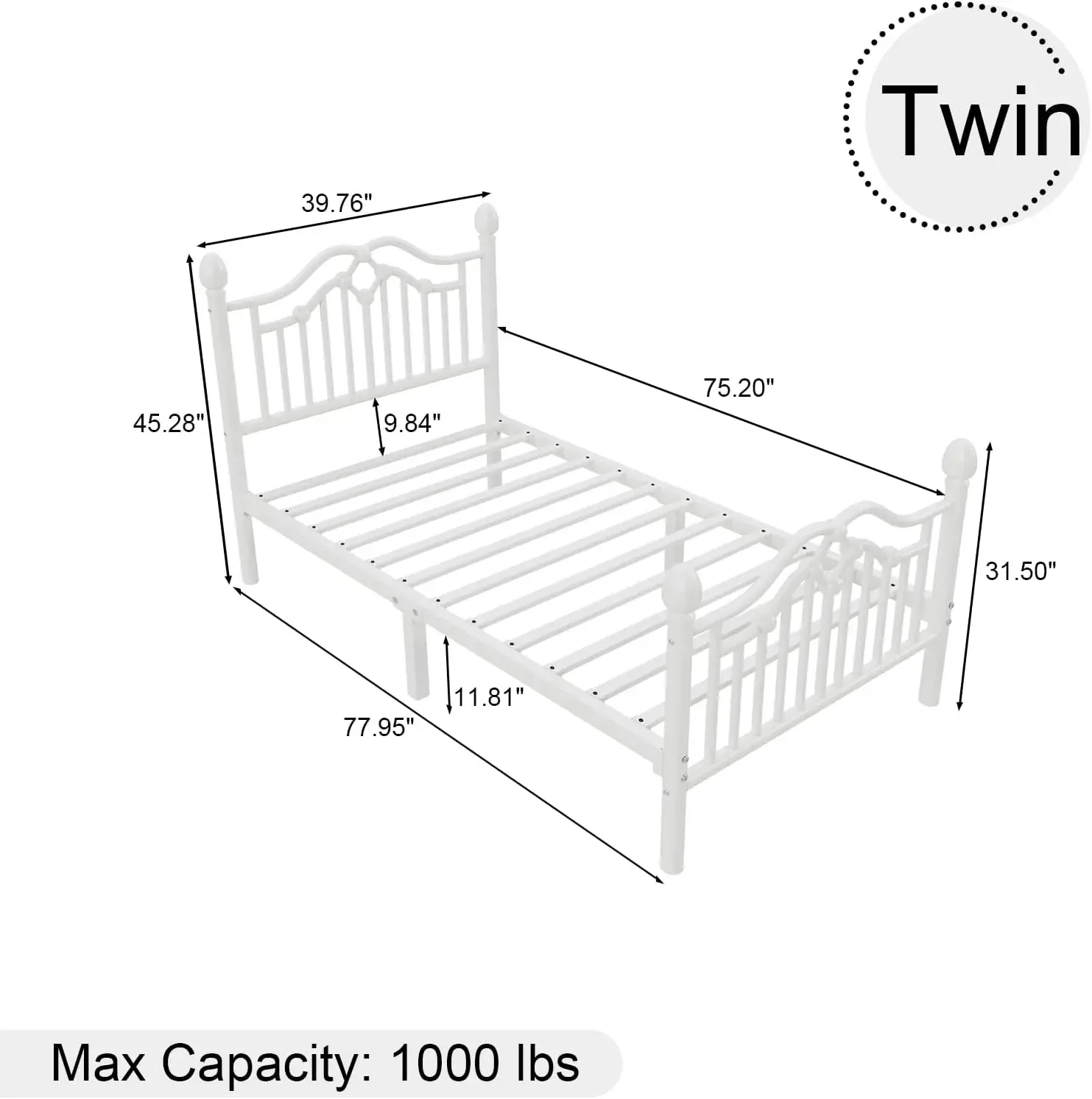 Twin Bed Frame with Headboard and  Modern Metal Platform Bed Frame for Kids, Support Up to , No Box Spring