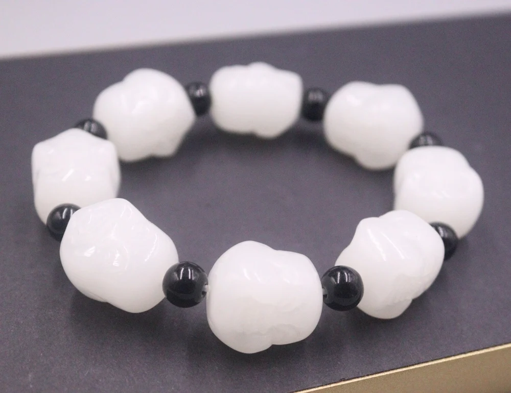 Natural White Jade Men Women Lucky Bless Carved Buddha Head Beaded Bracelet