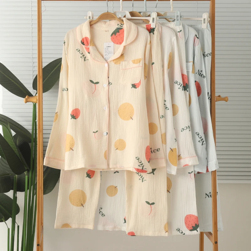 

Japanese Sle Women's Pure Cotton Double Layered Gauze Pleated Long Sve Spwear Home Clothes Set for Spring Autumn
