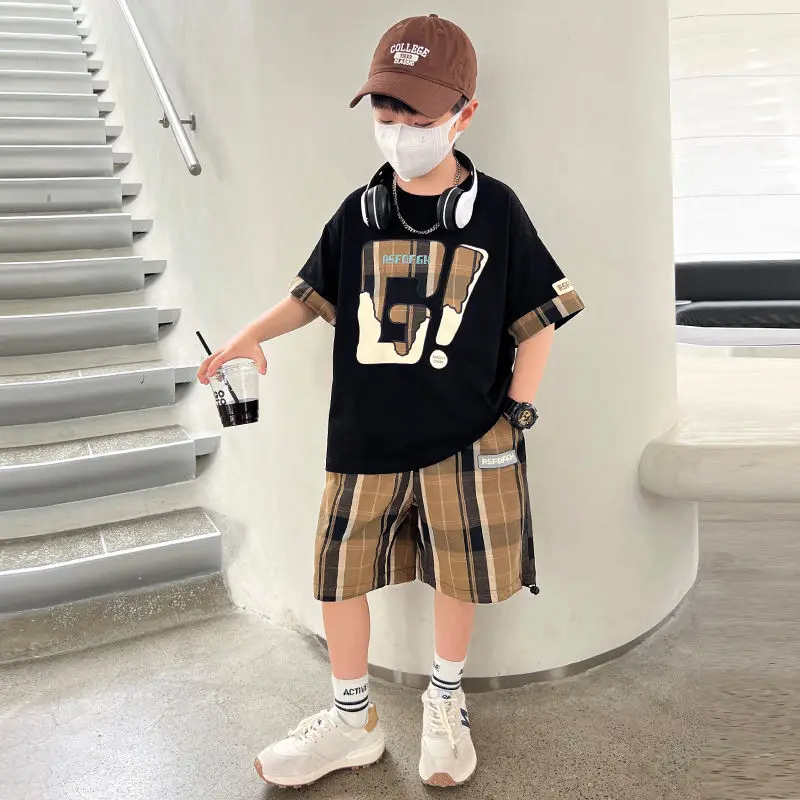 

Children Boys Summer Sport Suit Clothing Set 2023 New Fashion O-neck Short Sleeve Patchwork Plaid 2 Piece Teenager Outfits