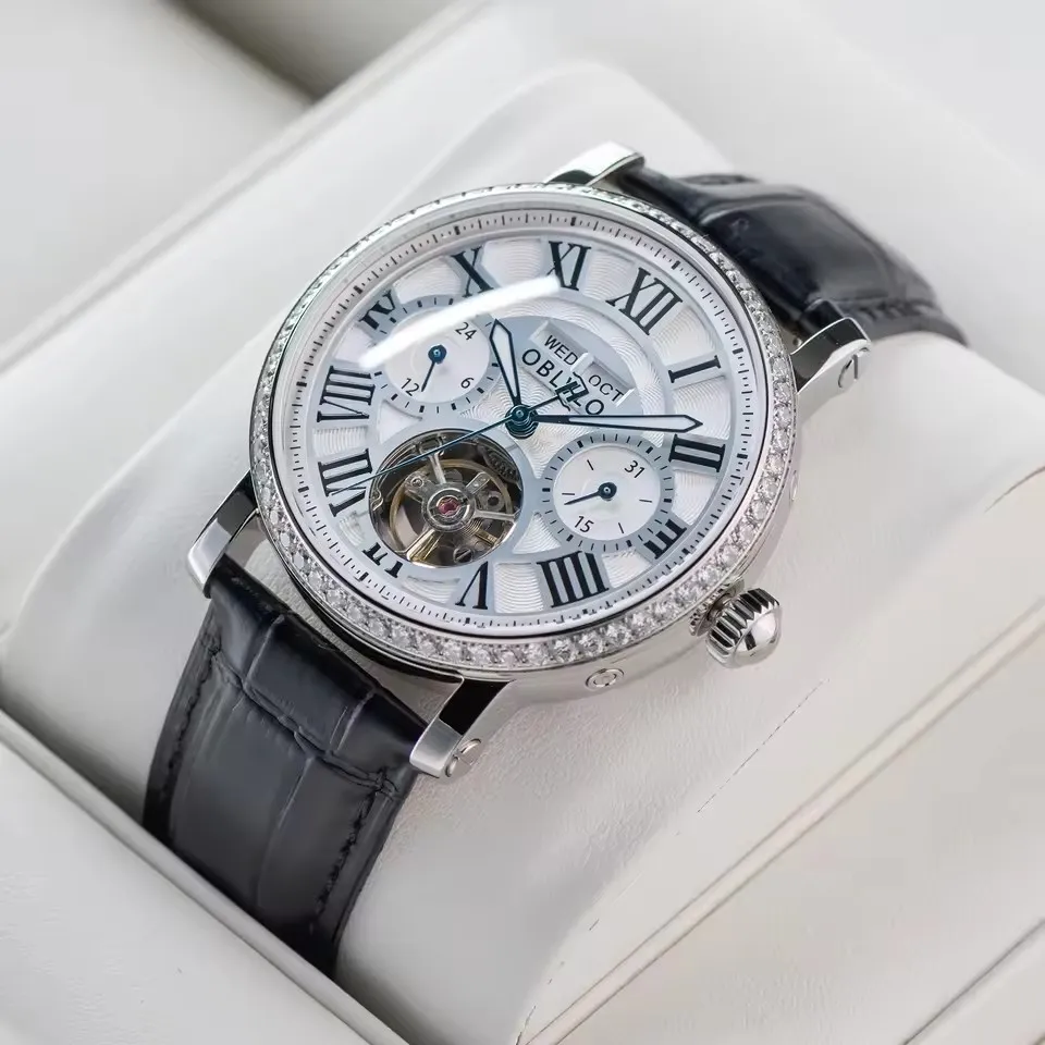 OBLVLO Мужские автоматические часы 42 мм Механические наручные часы Светящийся скелетонизированный циферблат Сапфировый римский номер Месяц, тиждень, дата, 24 часа