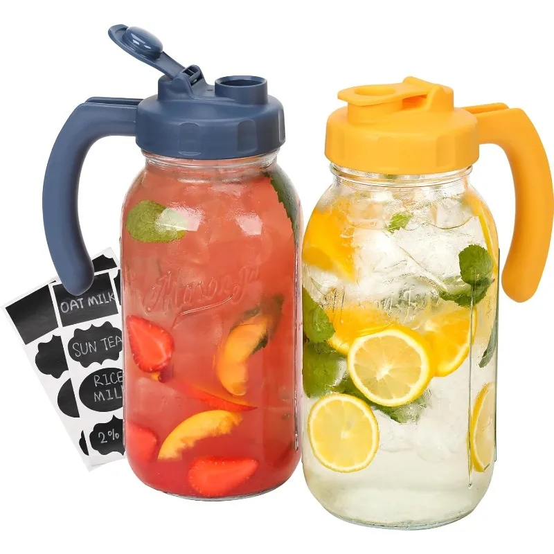 

Jar Pitcher with Lid, Wide Mouth Flip Cap Pour Spout Leak-proof Lid with Handle, 64 oz (2 Quart / 1.9 Liter),