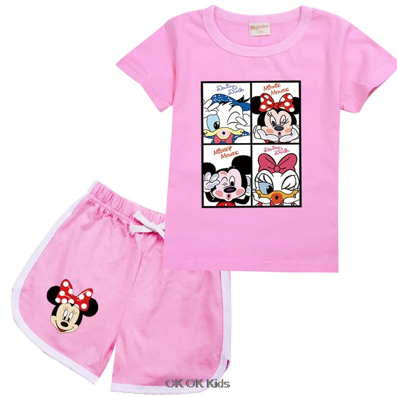 

Kids Disney Mickey Minnie Print Children T-shirts Suits 2-15 Years Boys Girl Casual Short Sleeve Clothes Summer Tops +shorts