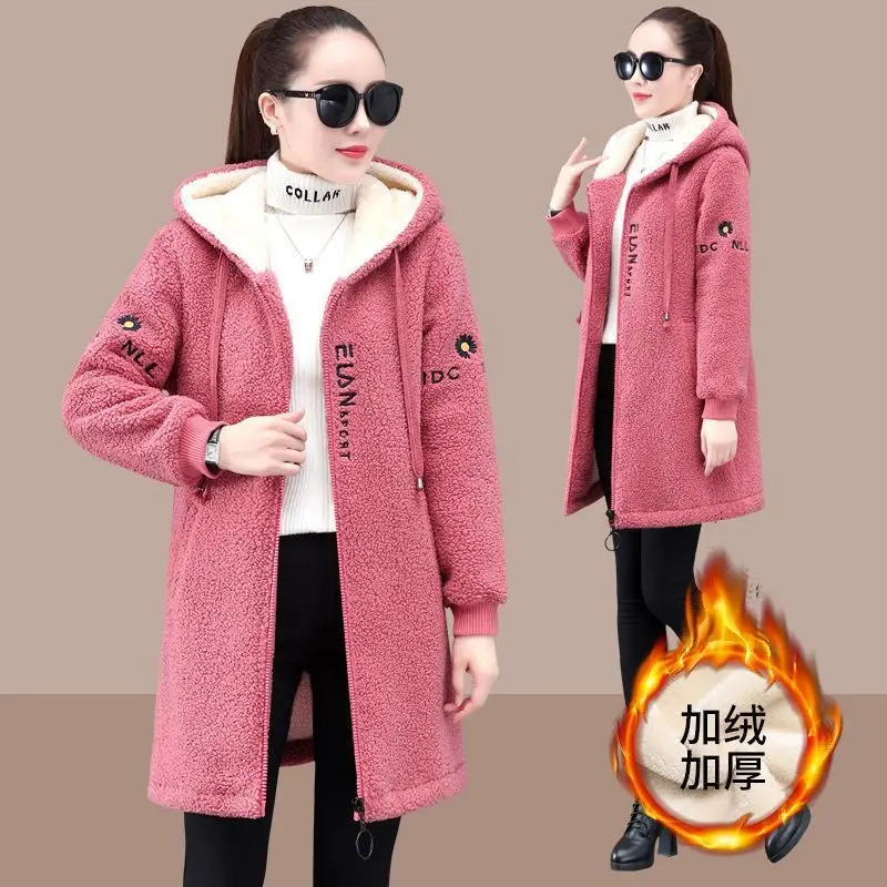 Women\'s Lamb Wool Coat 2024 New Winter Plus Velvet Cotton Jacket Loose Mid-length Female Hooded Overcoat