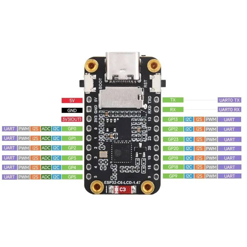 ESP32-C6-LCD-1.47 Development Board with LCD Display, Onboard RGB, MicroSD Card Slot, WiFi 6 and Bluetooth Microcontroller