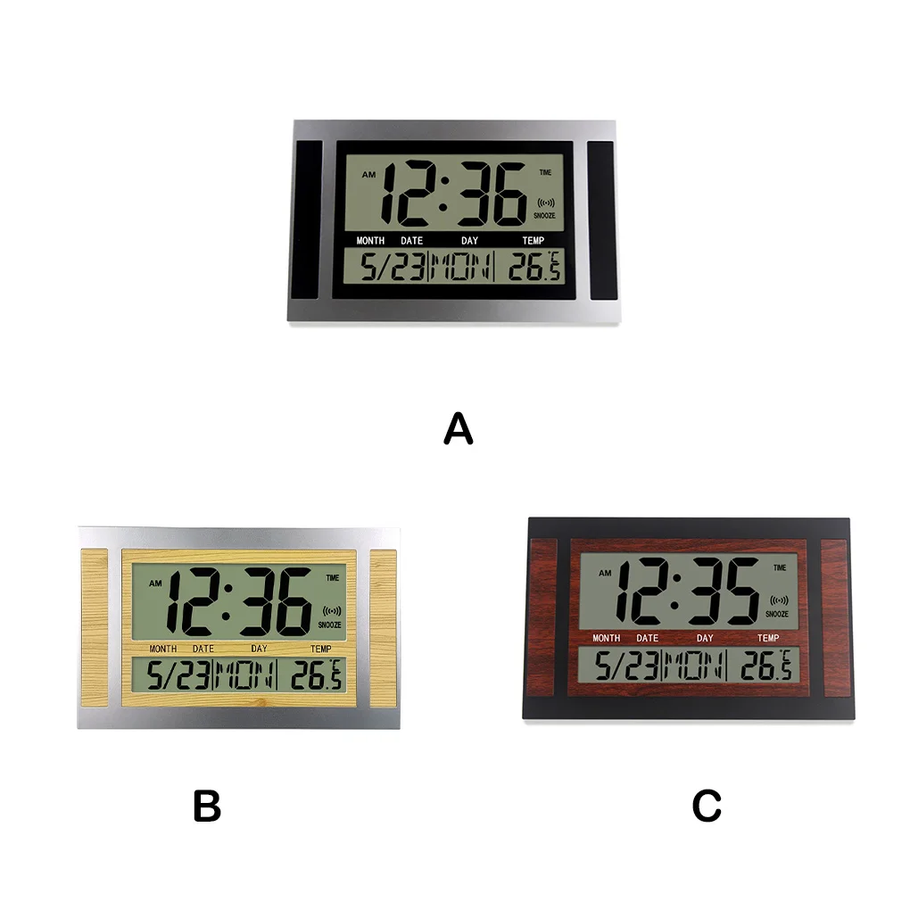 Digital Wall Clock LCD Large Temperature Calendar Alarm Wood Grain Table Clocks Modern Style Bell Thermometer Office