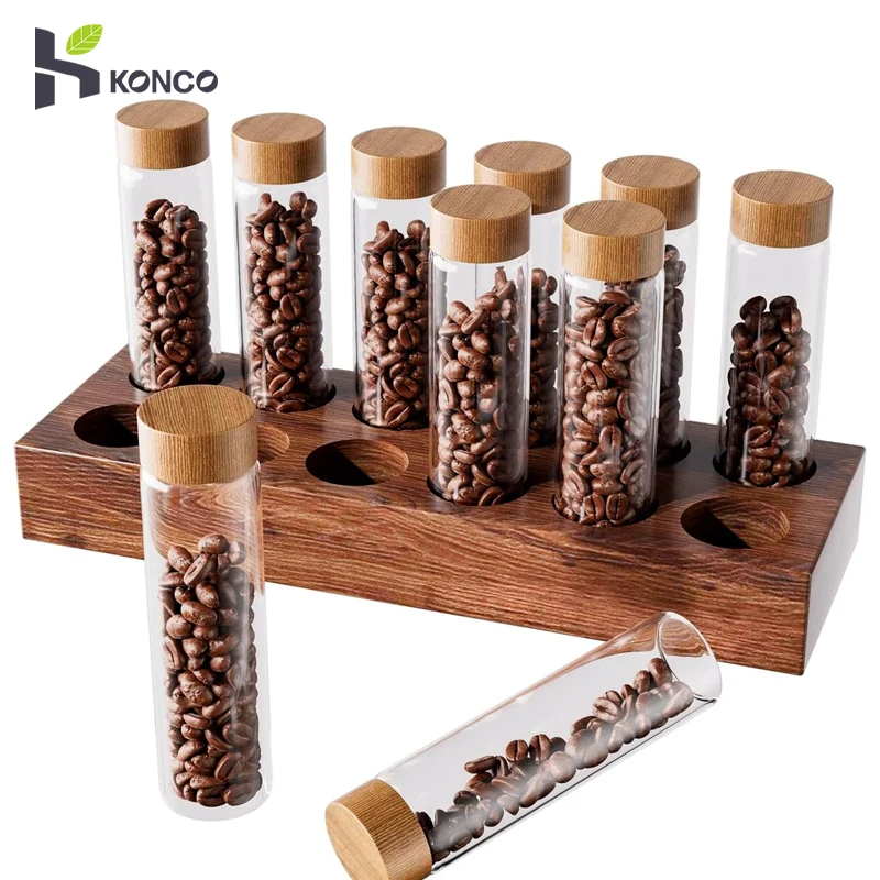 Coffee Beans Storage Tubes Glass Display Rack Coffee Tea Storage Container Walnut Coffee Tea Tube Bottle Coffee Accessories