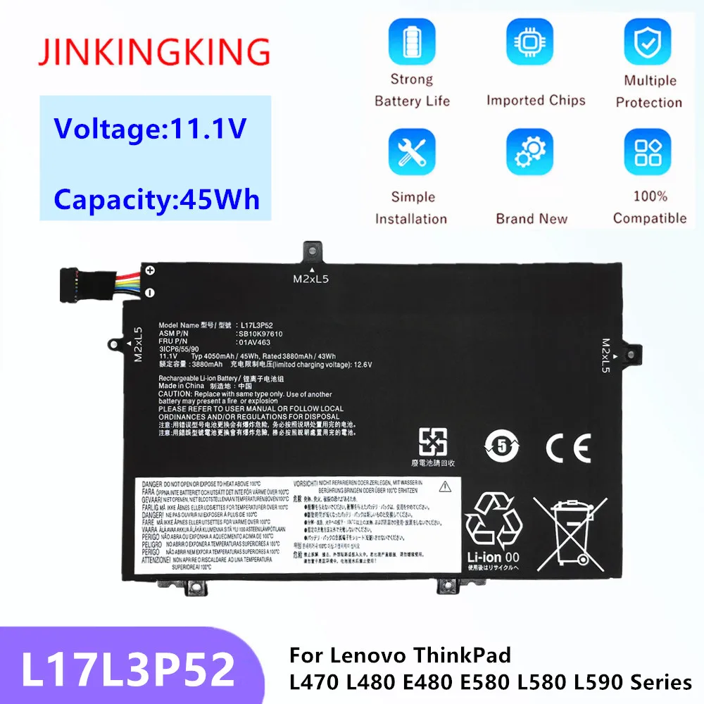 

11.1V 45Wh L17M3P52 L17C3P51 L17M3P51 01AV445 Laptop Battery for Lenovo ThinkPad R480 E590 E480 E580 E485 E595 E585 E490 E495