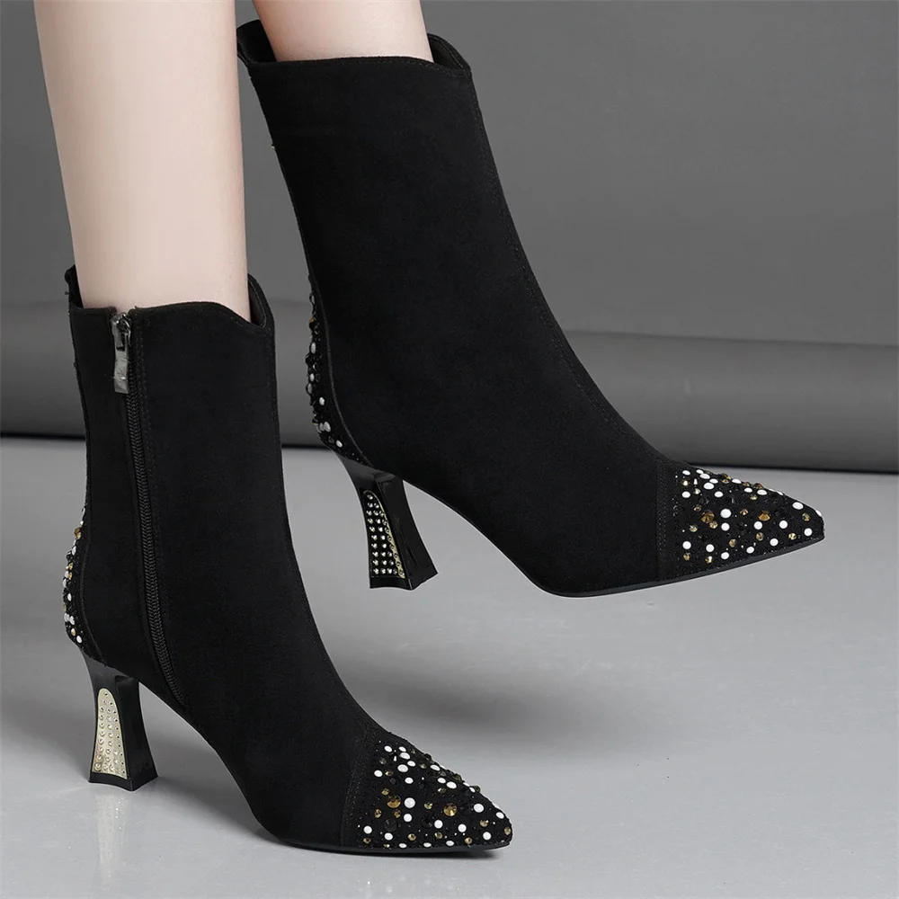 2024 New Sexy Black Women Boots Winter Rhinestone Shallow Thick Heel Comfortable Shiny Heels Shoes Casual Party For Female Boots