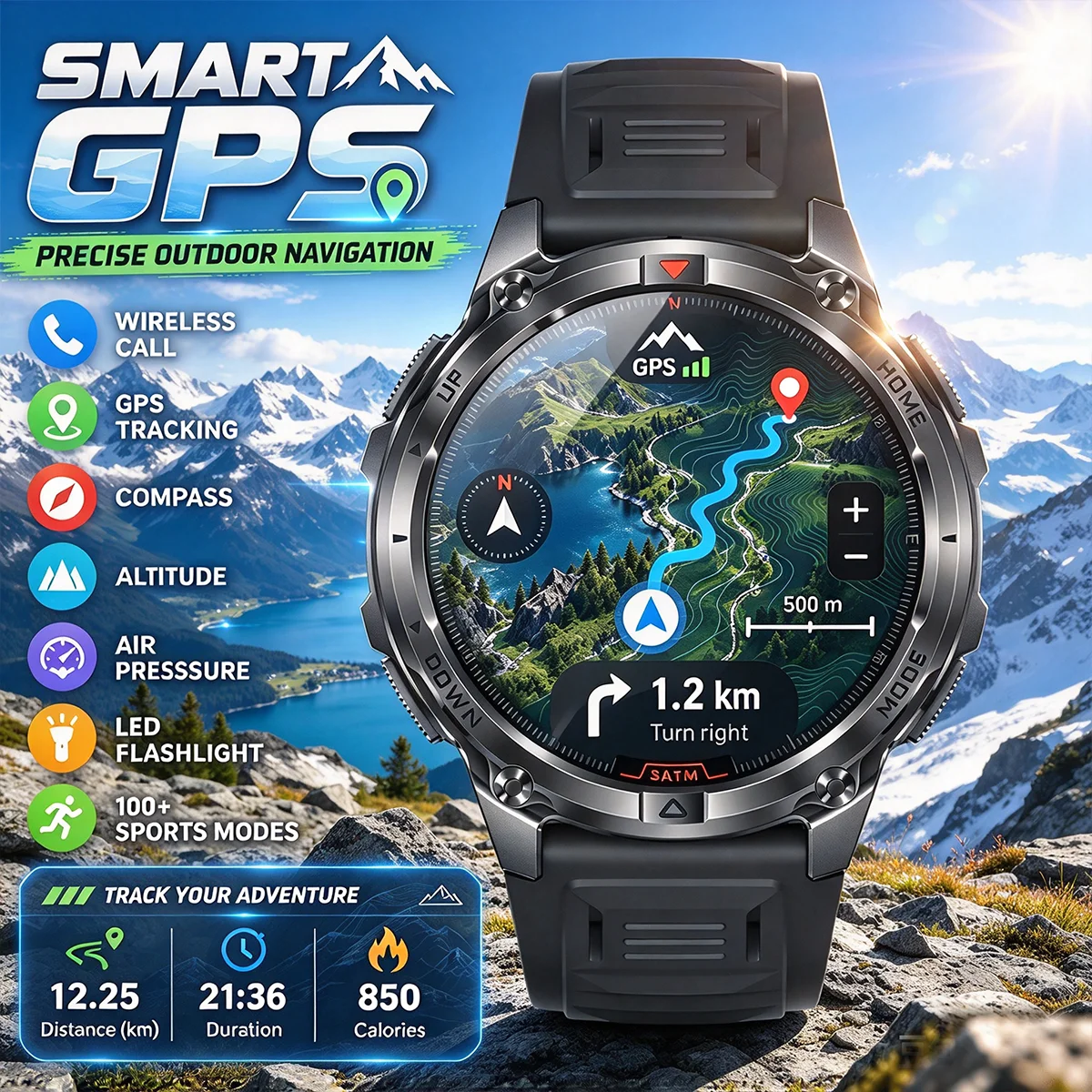 Nouvelle montre connectée GPS de sport d'extérieur pour hommes, avec étanchéité 10 ATM pour la natation, boussole, altimètre, écran AMOLED 1,46", appels Bluetooth