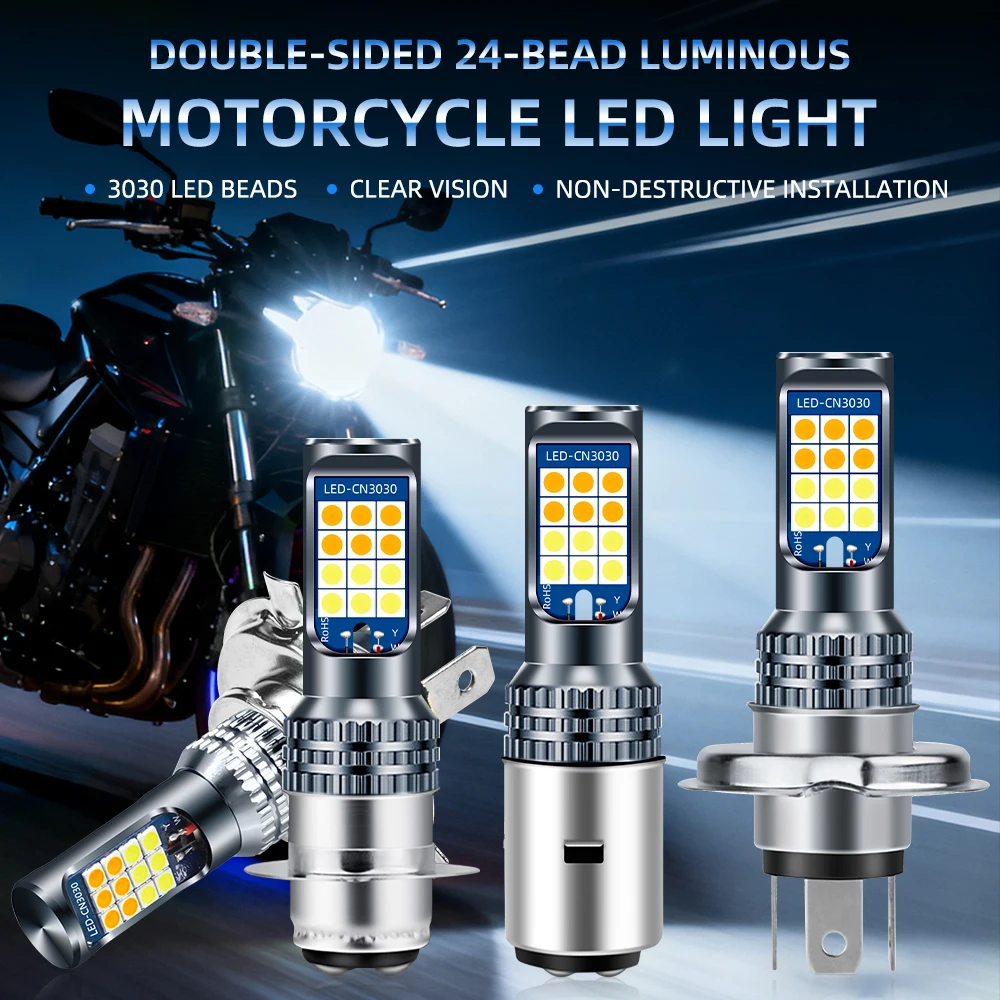 1PCS Motorcycle H4 BA20D H6 P15D LED Light Bulb 3030 24SMD White Yellow Hi/Lo Beam Headlamp For ATV UTV Motorcycle Accessories