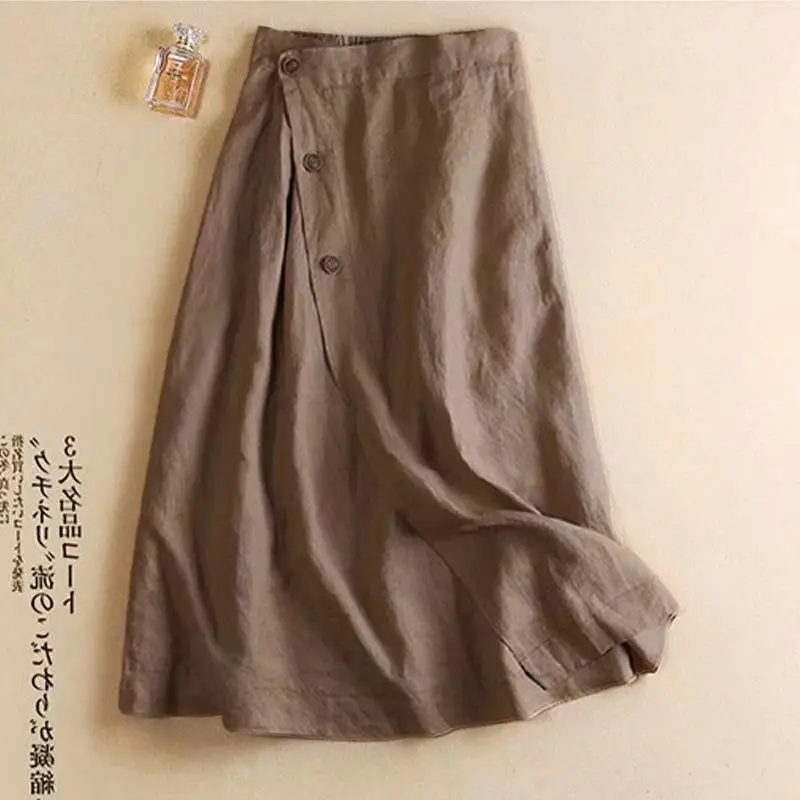 

Casual Cotton Linen Midlength Skirt Elastic Waist A-Line Street Sle High Waist Long Skirt for Women in Their Late Twenties