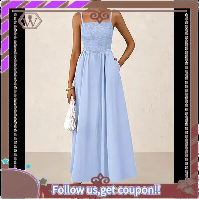 A95D-Vestidos largos de verano para mujer, vestido veraniego para la playa, vestido informal con tirantes finos y vuelo ahumado, vestido largo y fluido