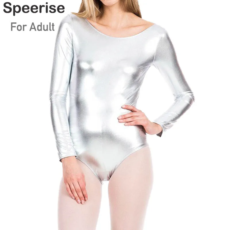 Women Long Sleeve Shiny Metallic Spandex Leotard Gymnastics Bodysuit Scoop Neck One Piece Dancewear Adult Stage Dance Costumes