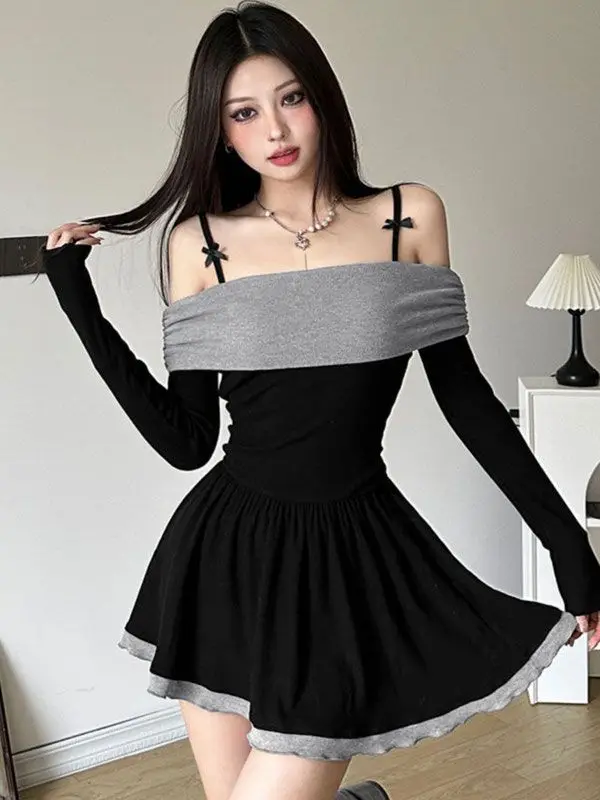 Retro Color Blocking Patchwork Suspender Bow Waist Cinched One Shoulder Exposed Collarbone Sexy A-line Short Skirt