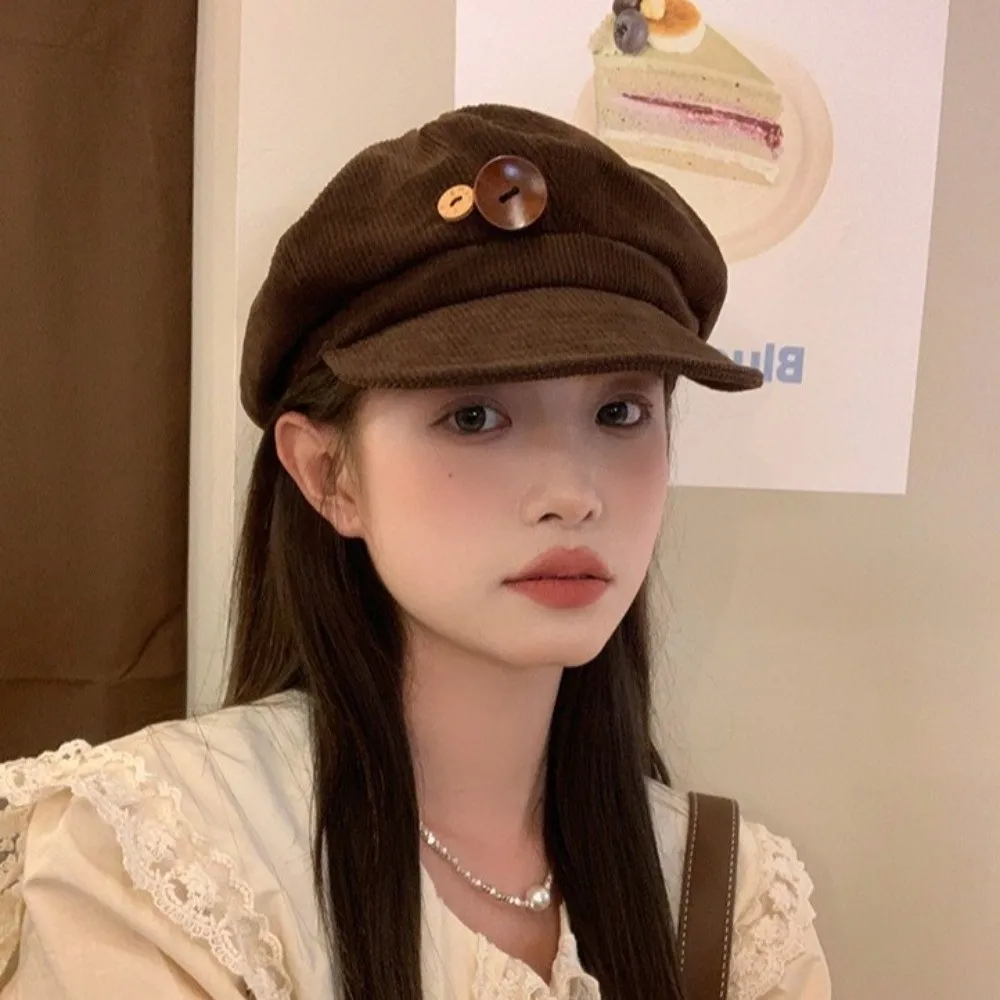 Retro y2k botão duplo boinas chapéu japonês harajuku veludo boné de beisebol manter quente jk octogonal chapéu inverno