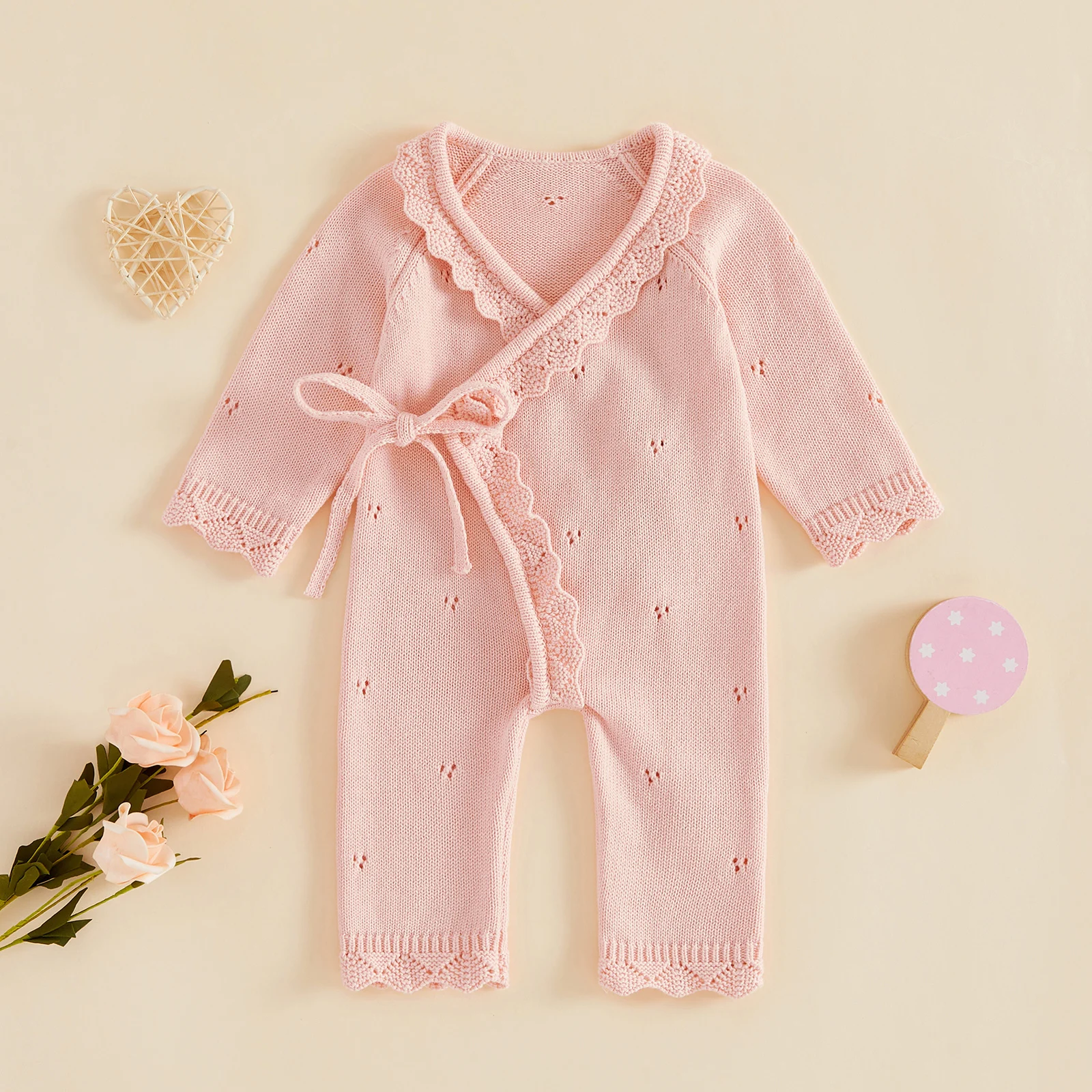 Soft Fall Wiinter Baby Front Tie Knit Romper Scallop Trim V Neck Long Sleeve Bandaged Sweaters Knitwear Jumpsuit