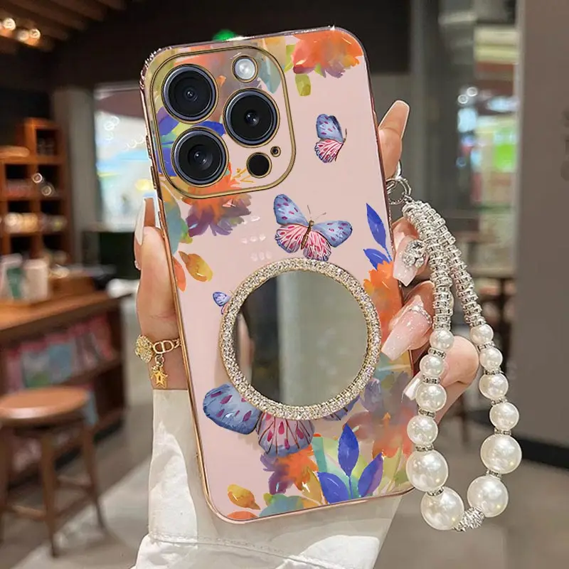

15 ProMax Delicate flower Bracelet Plating Phone Case For iPhone 14 13Pro SE2 16Plus 14Pro 16ProMax 16Pro 16 SE3 13Mini 13 Cover
