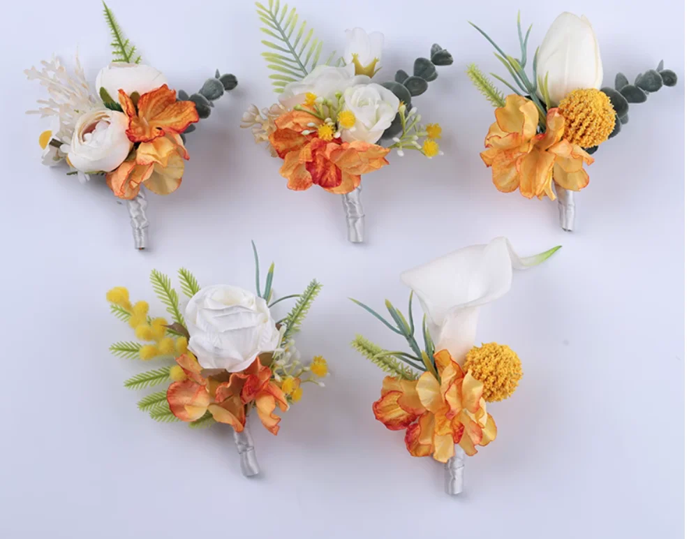 

Оранжево-желтый корсаж, свадебный цветок на запястье невесты, деловой костюм для гостей с лацканами, свадебный искусственный цветок для пожилых людей.