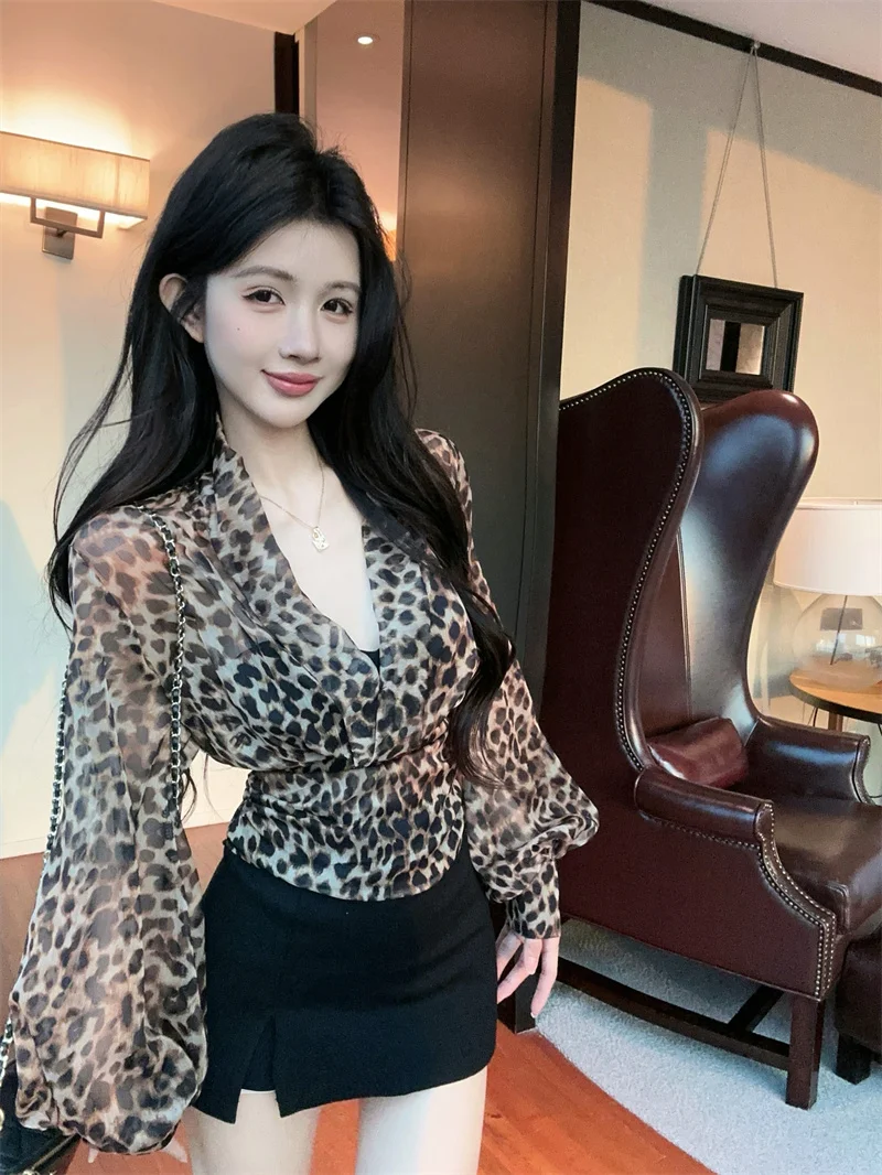 

Ранняя осень, американский ретро леопардовый принт, V-Ne Bubble Long Sve, женский утягивающий тонкий топ, дизайн, утягивающий талию