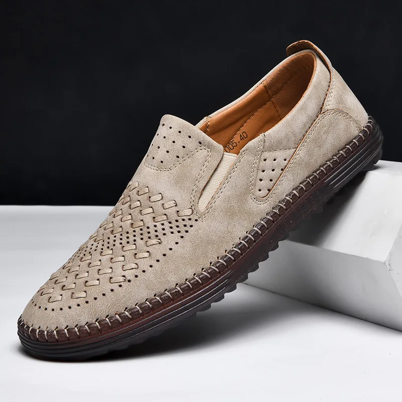 

Spring Low-top Large-size 48 Handmade Sewing Leather Men Shoes Outdoor Casual Slip on Loafers Summer Mesh Breathable Flat Heels