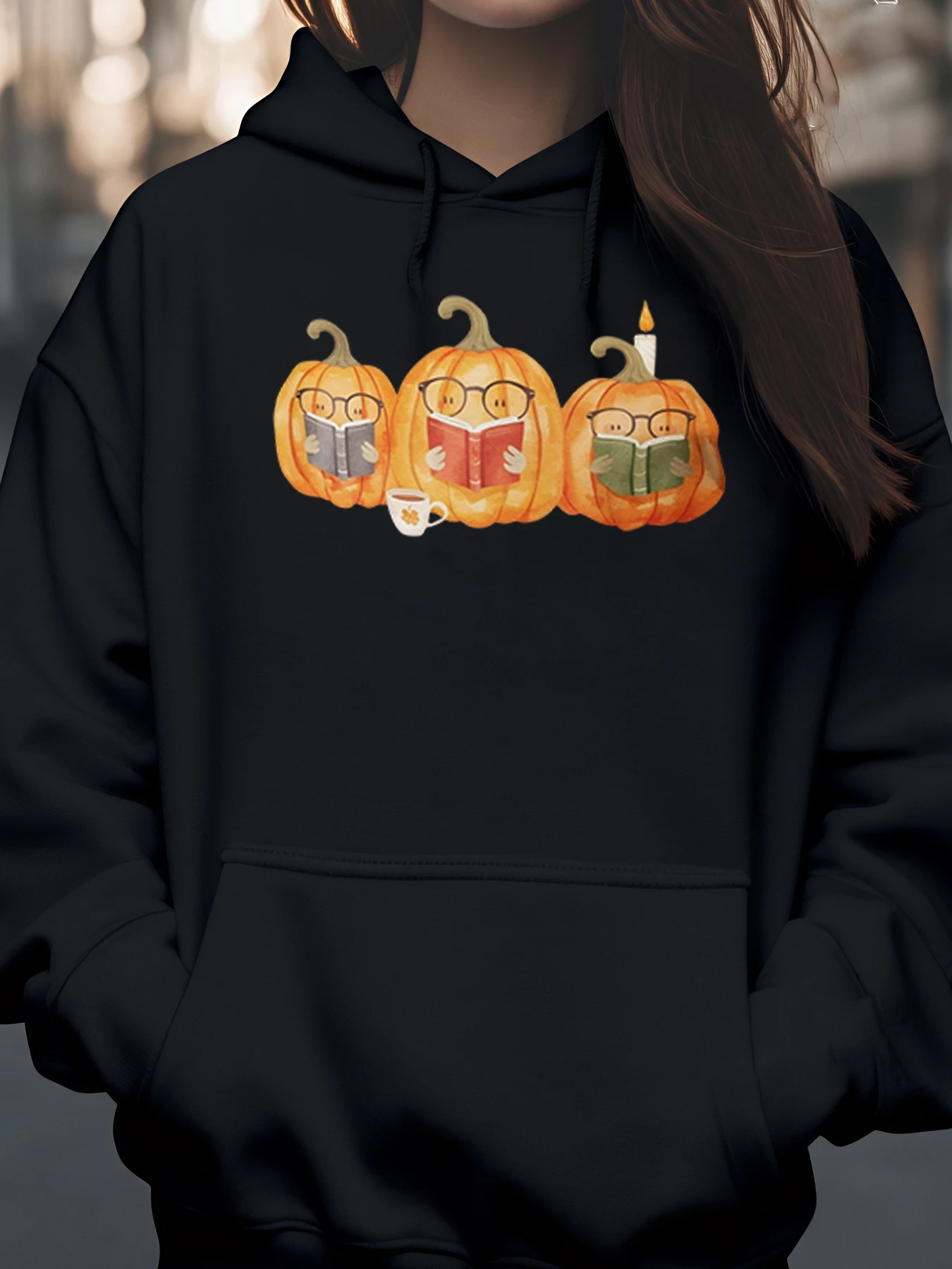 

Толстовка с капюшоном на Хэллоуин и тыквой для чтения книг, уютная осенняя одежда для женщин и девочек