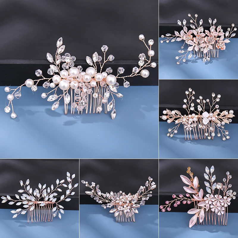 Gold Rhinestone Pearl Color Wedding Hair Combs Rose Gold Hair Accessories For Women Accessories Gold Hair Ornaments Jewelry image 2