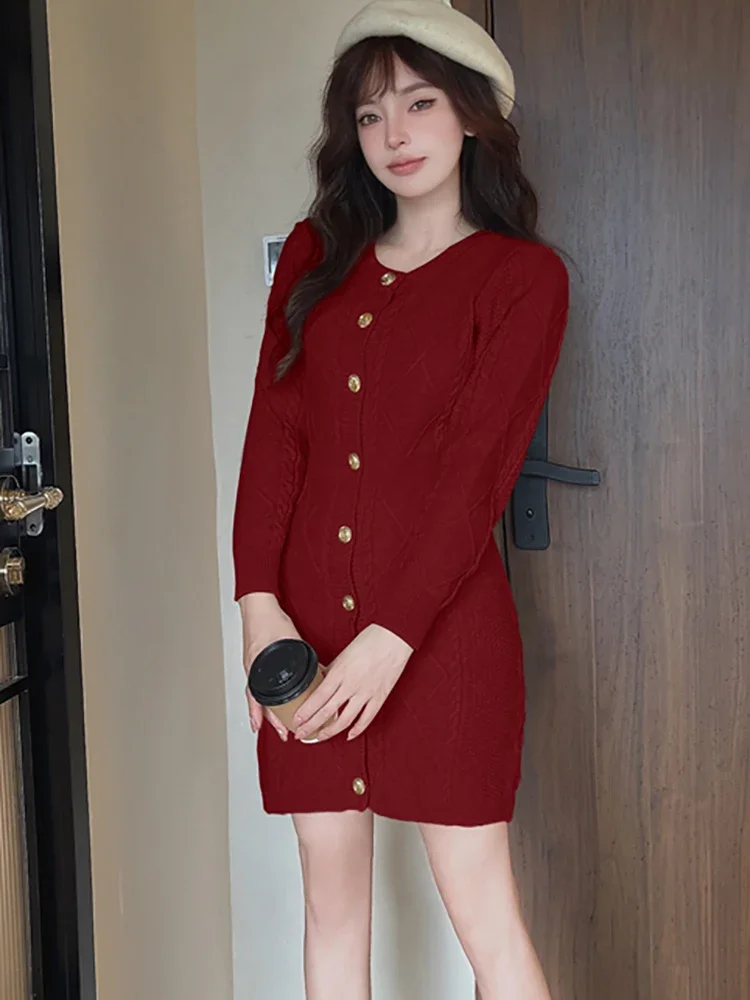 Vestido corto informal de punto rojo con rosca para mujer, suéter de manga larga para otoño e invierno, vestido de fiesta ajustado coreano elegante 2024