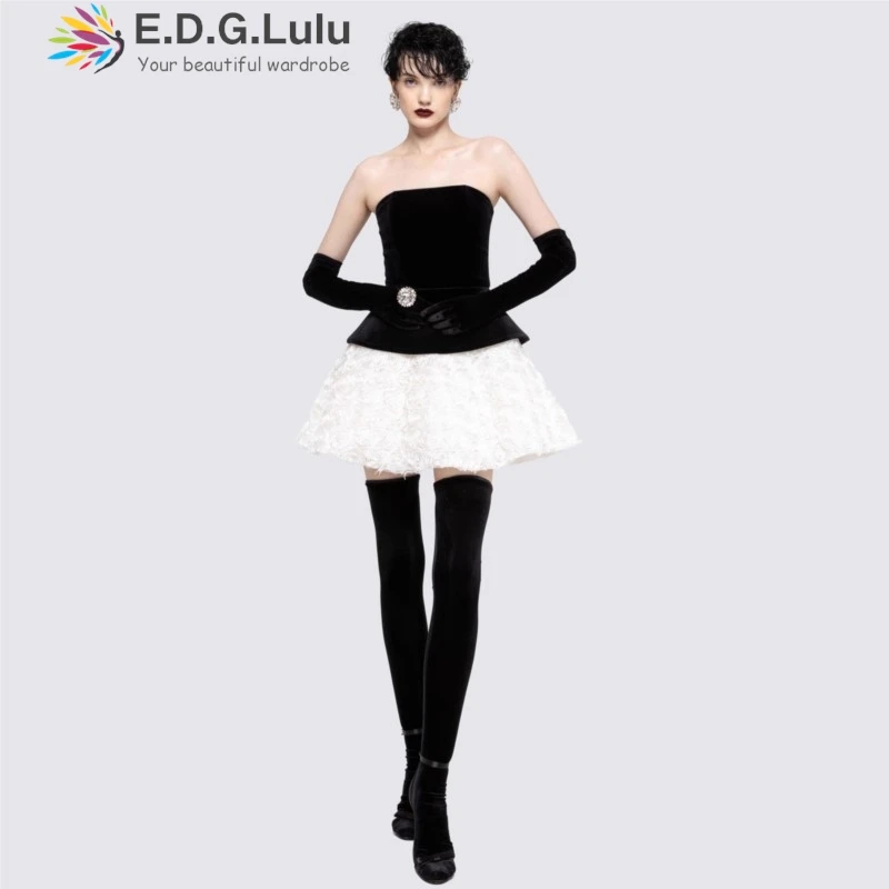 

EDGLuLu 3 Piece Set Drawstring Lace Up Backless Black Top+3d Floral Mini Dress+ Mesh Mini Dress Three Piece Set 0817