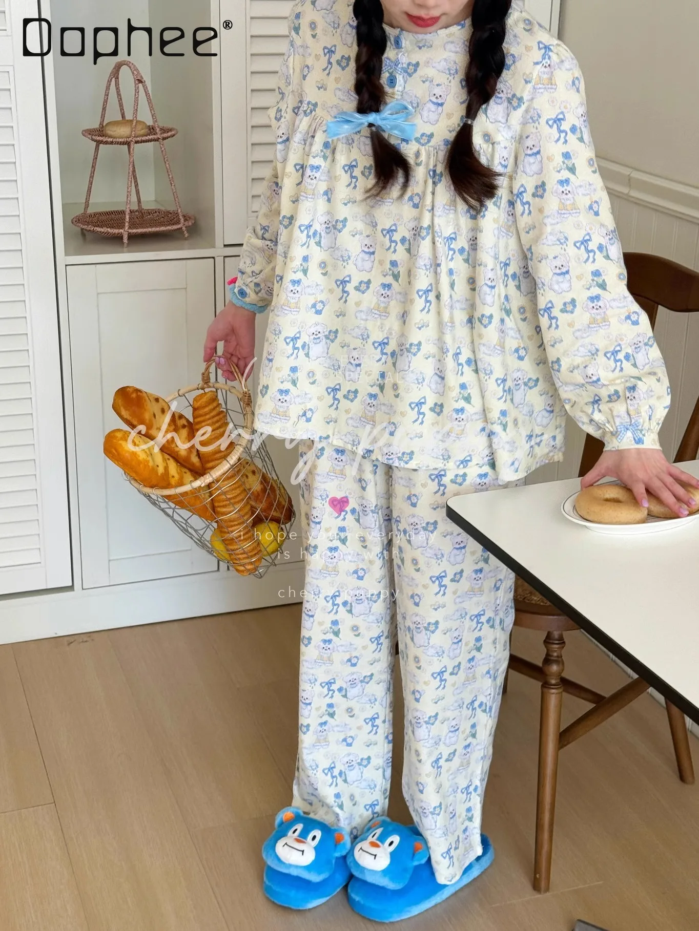 

Blue Bow Pajamas Cute Dog Print Long Sleeve Round Neck Homewear Women Spring Autumn 2 Piece Sets Korean Style Sleepwear