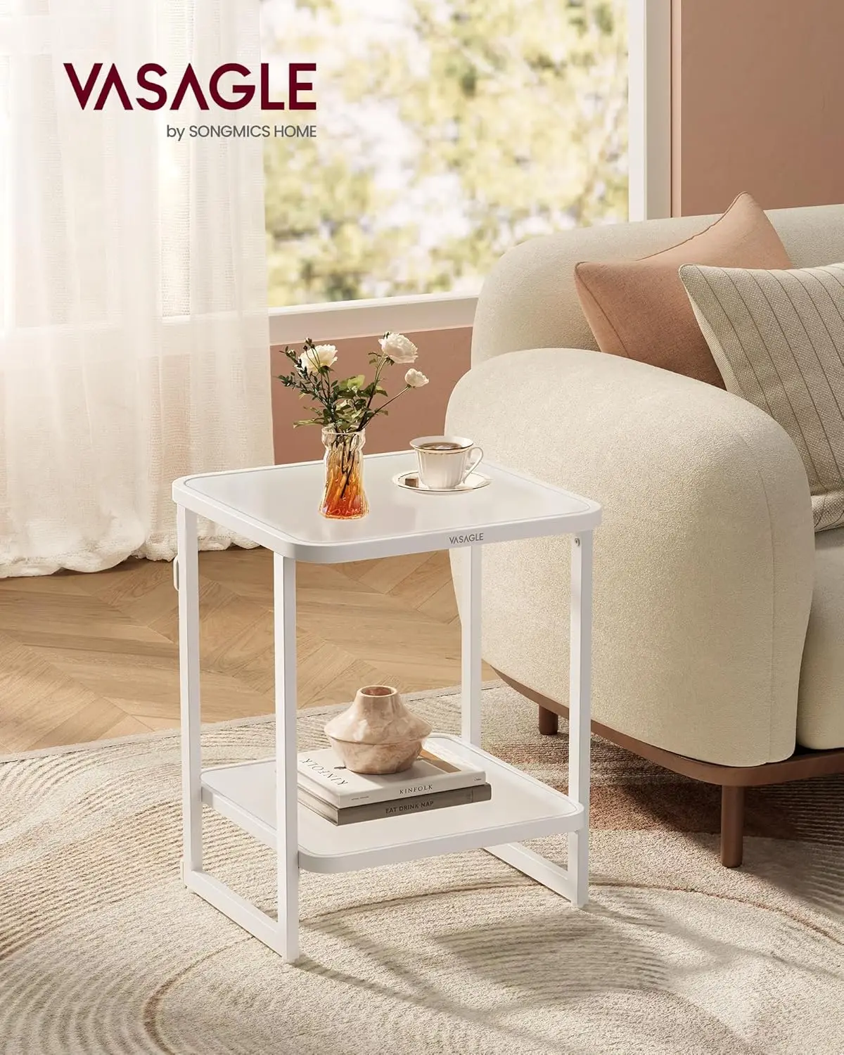 VASAGLE Side Table, 2-Tier End Table with LED Lights, Modern Nightstand, Square Bedside Table, Frosted Glass, Bottom Shelf