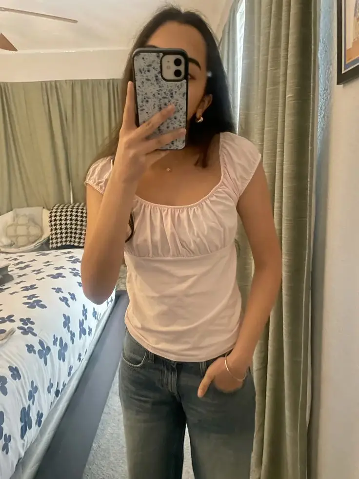 

Pink Folds Cotton Slim T-shirt Women Square Collar Chic Short Sleeve Tee Shirts Summer Sweet Preppy Style Simple Basic T-shirts