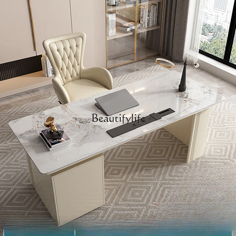 Solid wood Italian light luxury corner desk high-end simple office rock slab desk