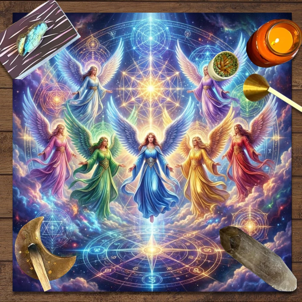 1pc Mystical‑Style Party Tablecloth, Angel‑Energy Design with Seven‑Angel Blue Print, Astrological Symbols