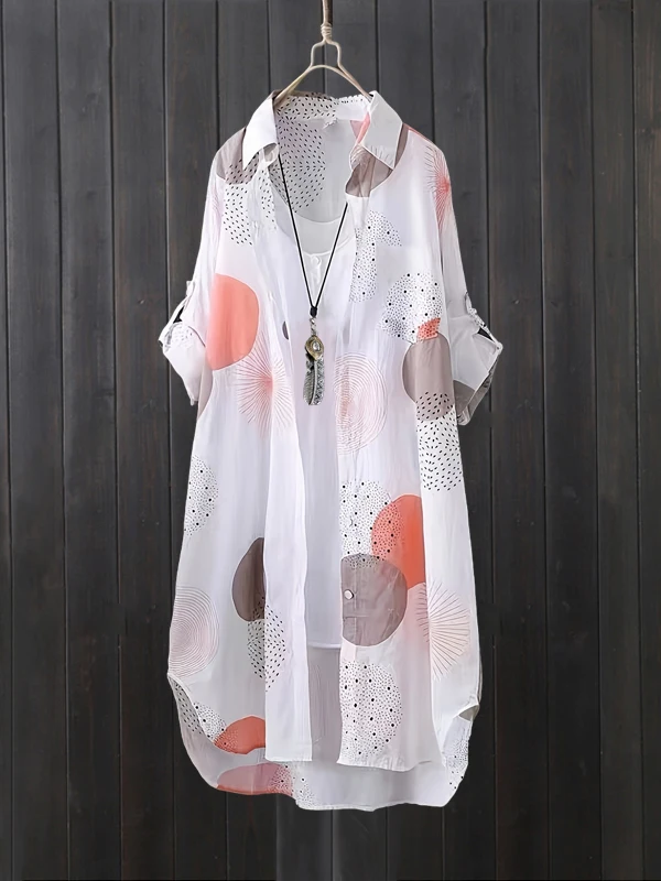 Damen Loose Long Sve Bedruckte irt Frühling Sommer UV-Schutz Casual Sle Polyester Stoff Mittellange Oberbekleidung