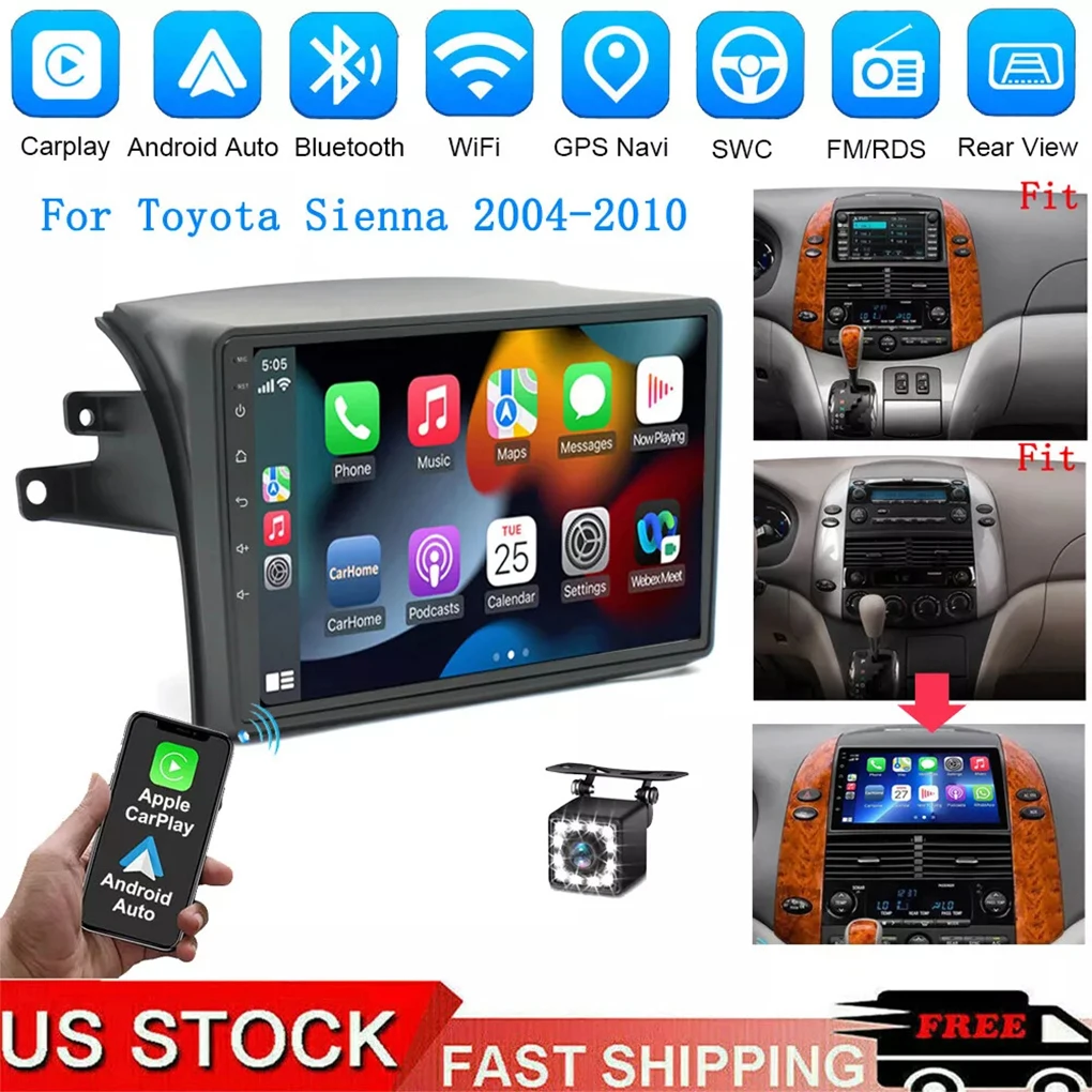 10‘’Ainavi Car Radio For Toyota Sienna 2004-2010 Carplay Android Auto Multimedia Player WiFi 4G 2 Din 2+32G 12LED Camera