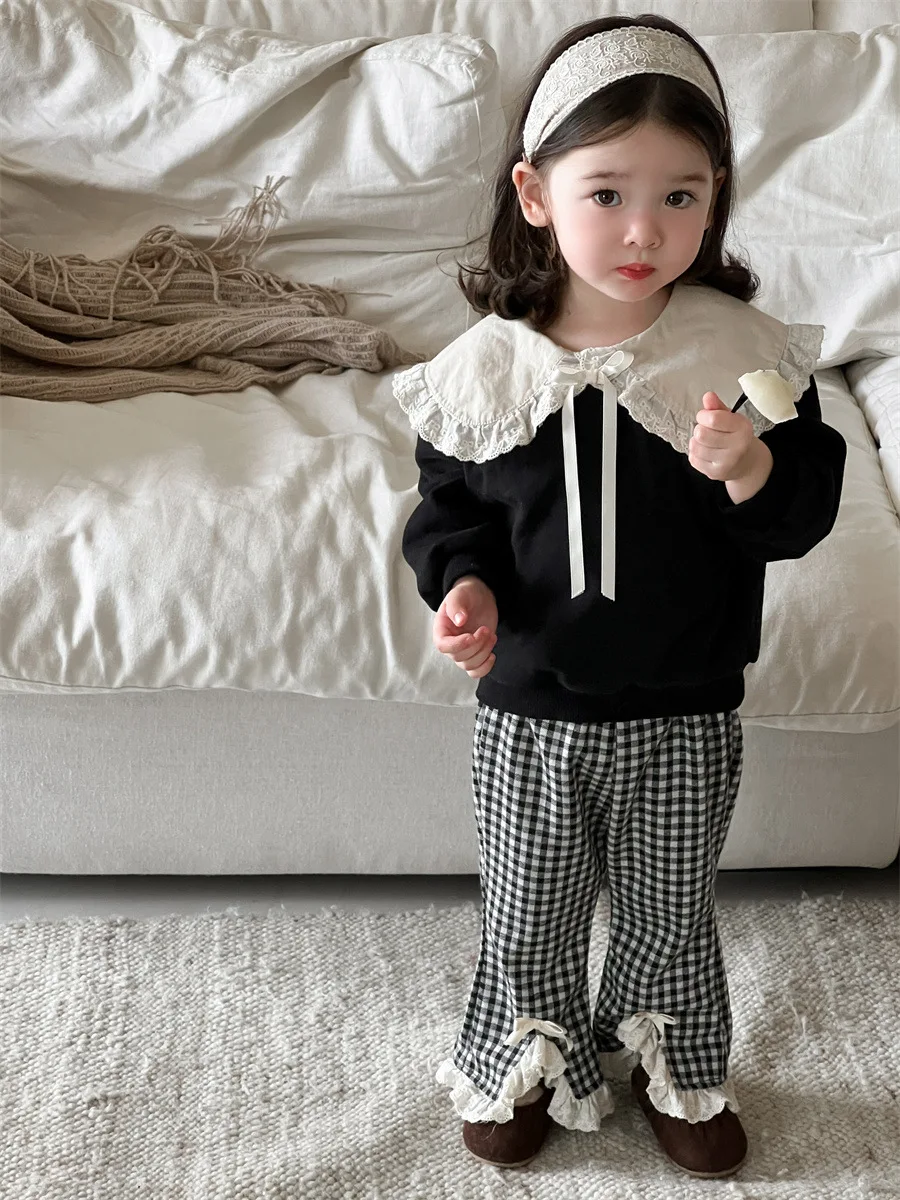 

2025 Autumn New Baby Girl Long Sleeve Lace Collar Sweatshirt Infant Girls Solid Tops Cotton Casual Sweatshirt Children Clothes