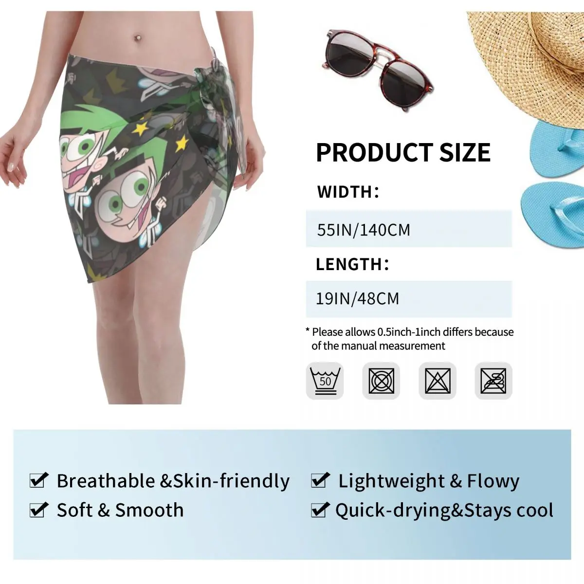 أزياء مخصصة The Fairly Oddparents فستان شاطئ غير رسمي يزين الكلاسيكية الكرتون المرأة قصيرة Sarongs الشاطئ التفاف لملابس السباحة