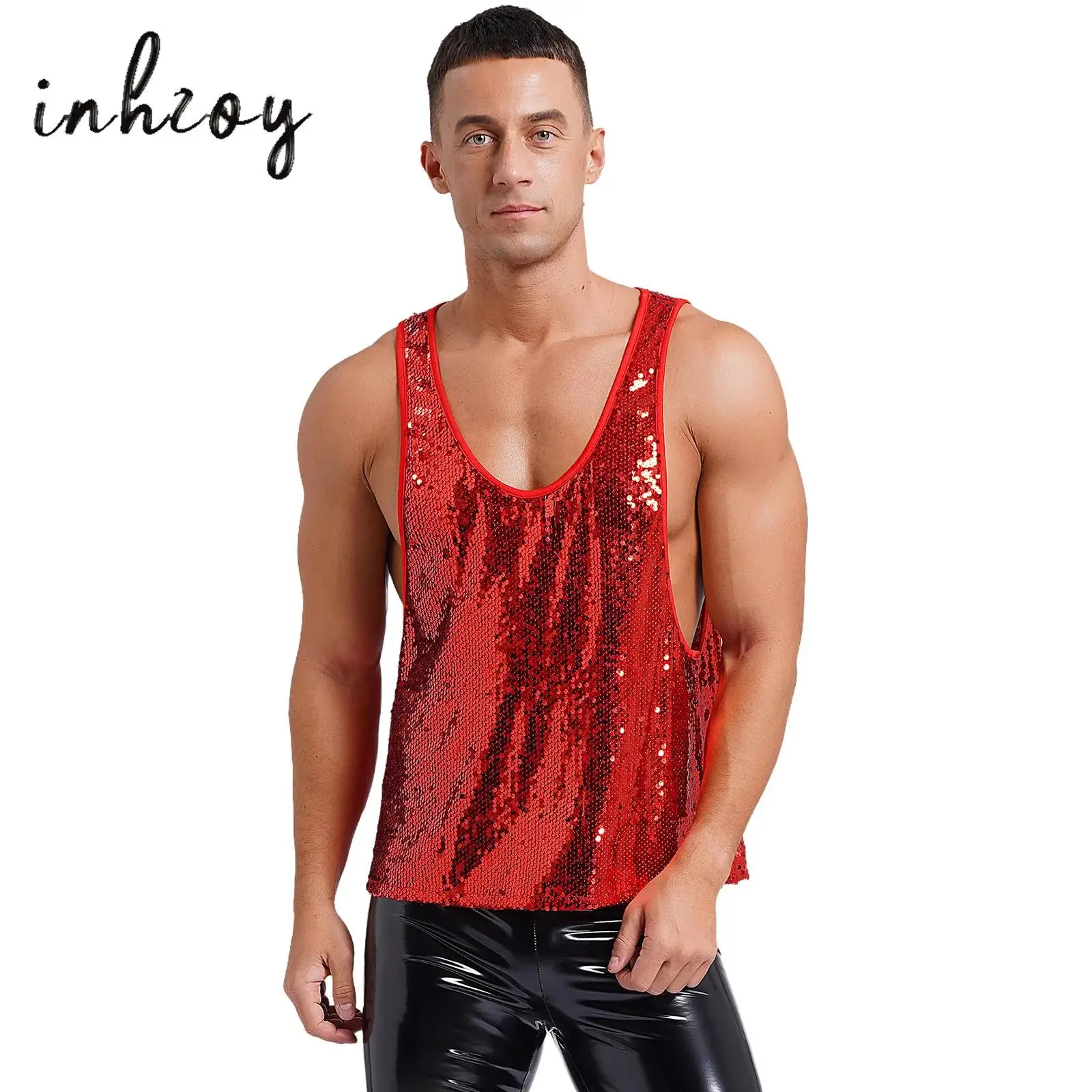 Mens Sequins Nightclub Loose Vest Tank Tops Sleeveless Shiny Rave Party Stage Performance Modern Jazz Disco Daning Clubwear