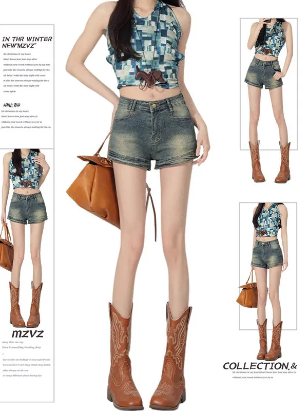 

American Retro High Waist Denim Shorts Women Summer Spicy Girl Slim Fit A-Line Casual Straight Leg Pants Wide Leg Jeans