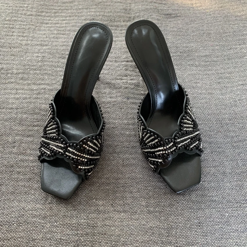 Damen Perlenbesetzte Sandalen mit eckiger Zehenpartie und hohem Absatz, offene Stiletto-Absätze, 2026 Party- und Hochzeitsschuhe, Damen-Sommer-Mules – Detail 11