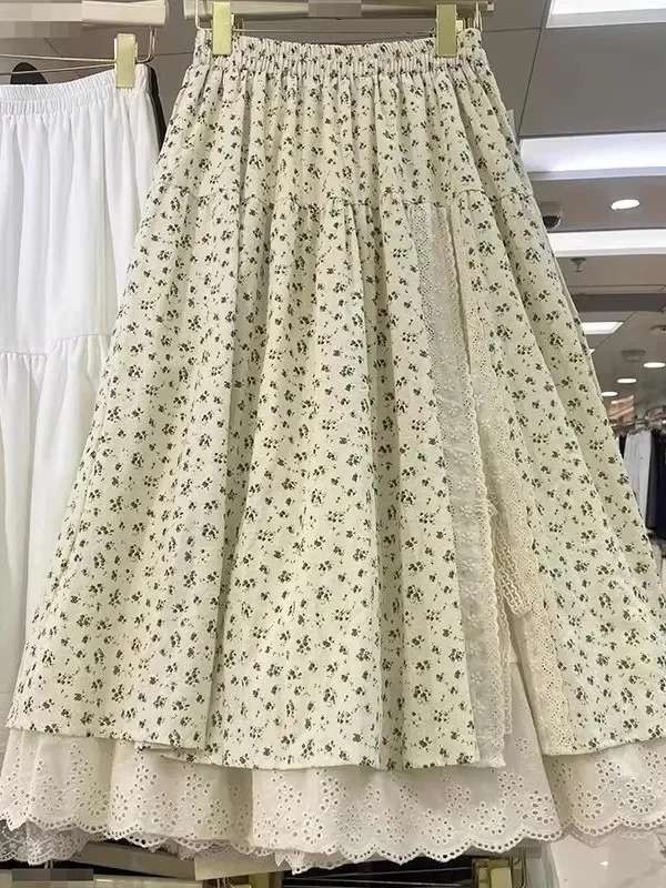 

plus Size Floral Lace Splice Half Skirt Women Summer Loose Design Mid-Length A-Line Skirt Korean Style Casual High Waist