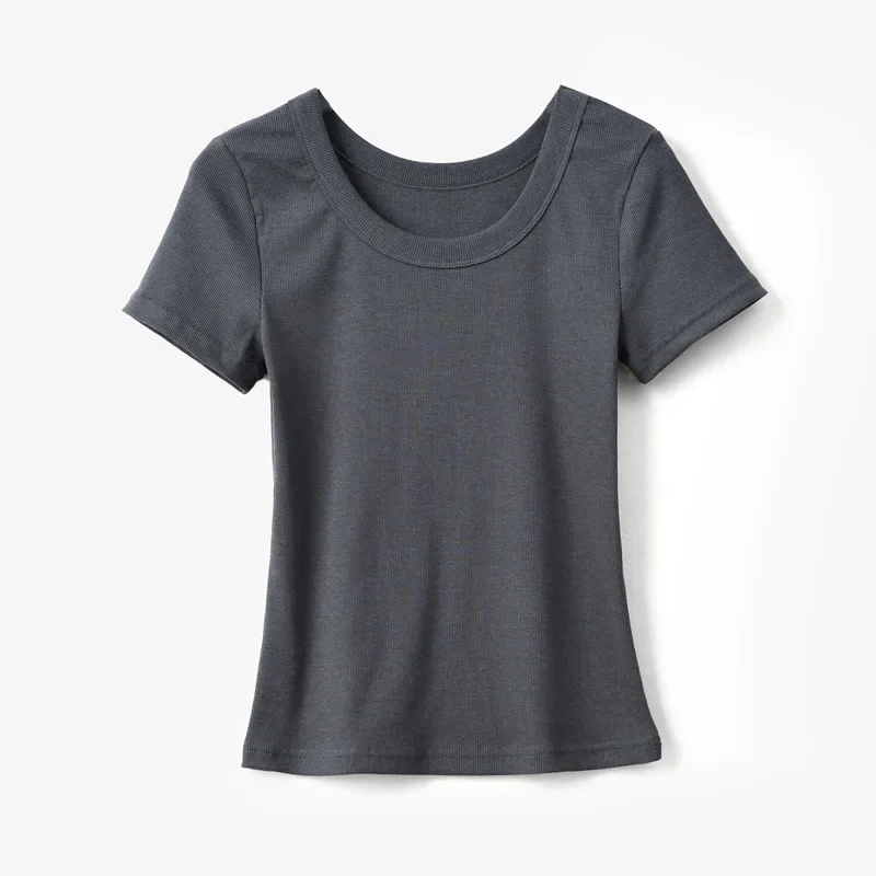U-Hals T-Shirt Vrouwen Kleding 2024 Zomer Nieuwe Solide Slanke Casual T-Shirt Met Korte Mouwen Trui Voor Dames