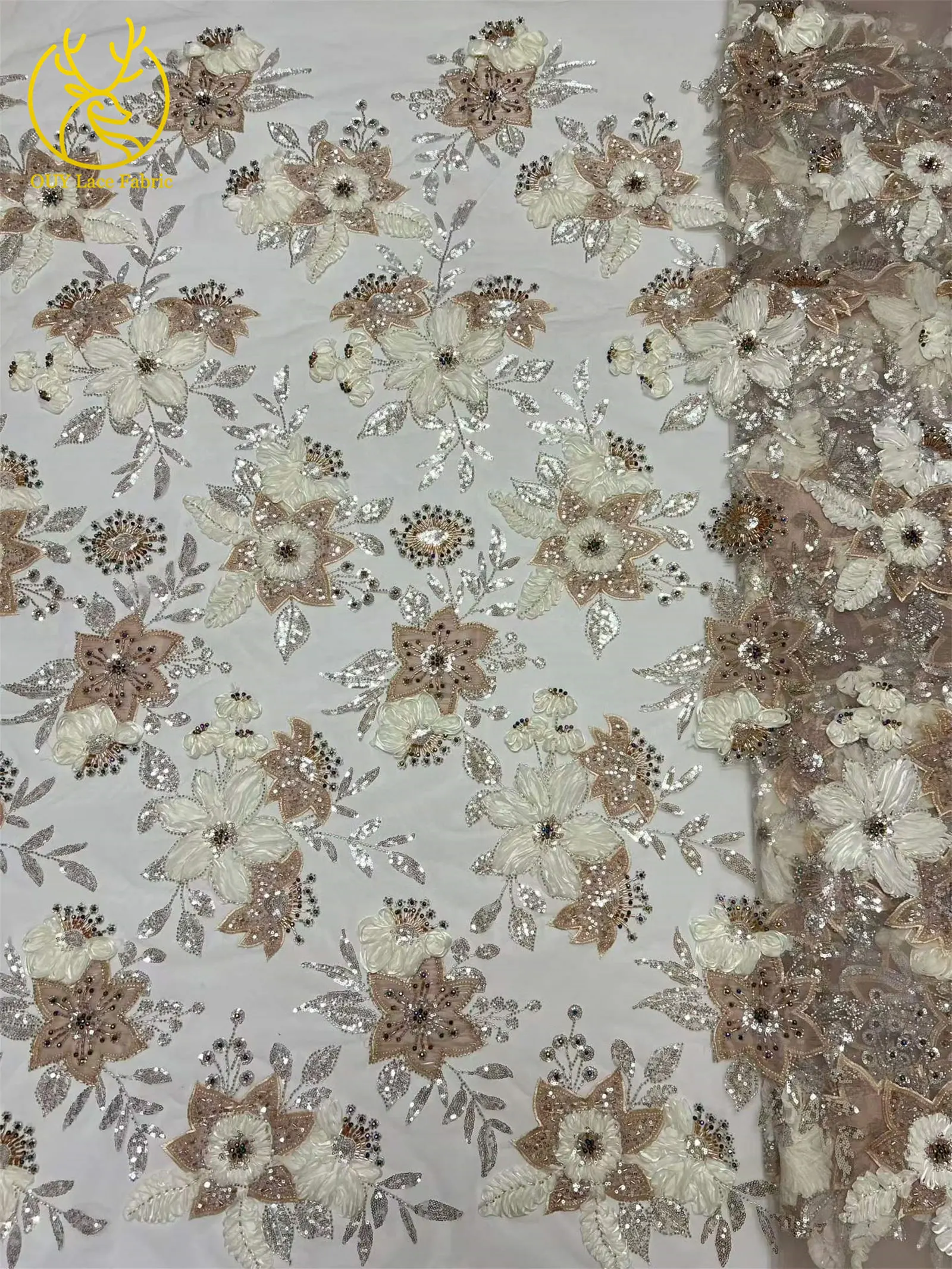 3D Hochwertiger bestickter Blumen-Spitzenstoff mit afrikanischen Pailletten, 2026 Französischer Perlen-Spitzenstoff für nigerianische Partykleider zum Nähen – Detail 17