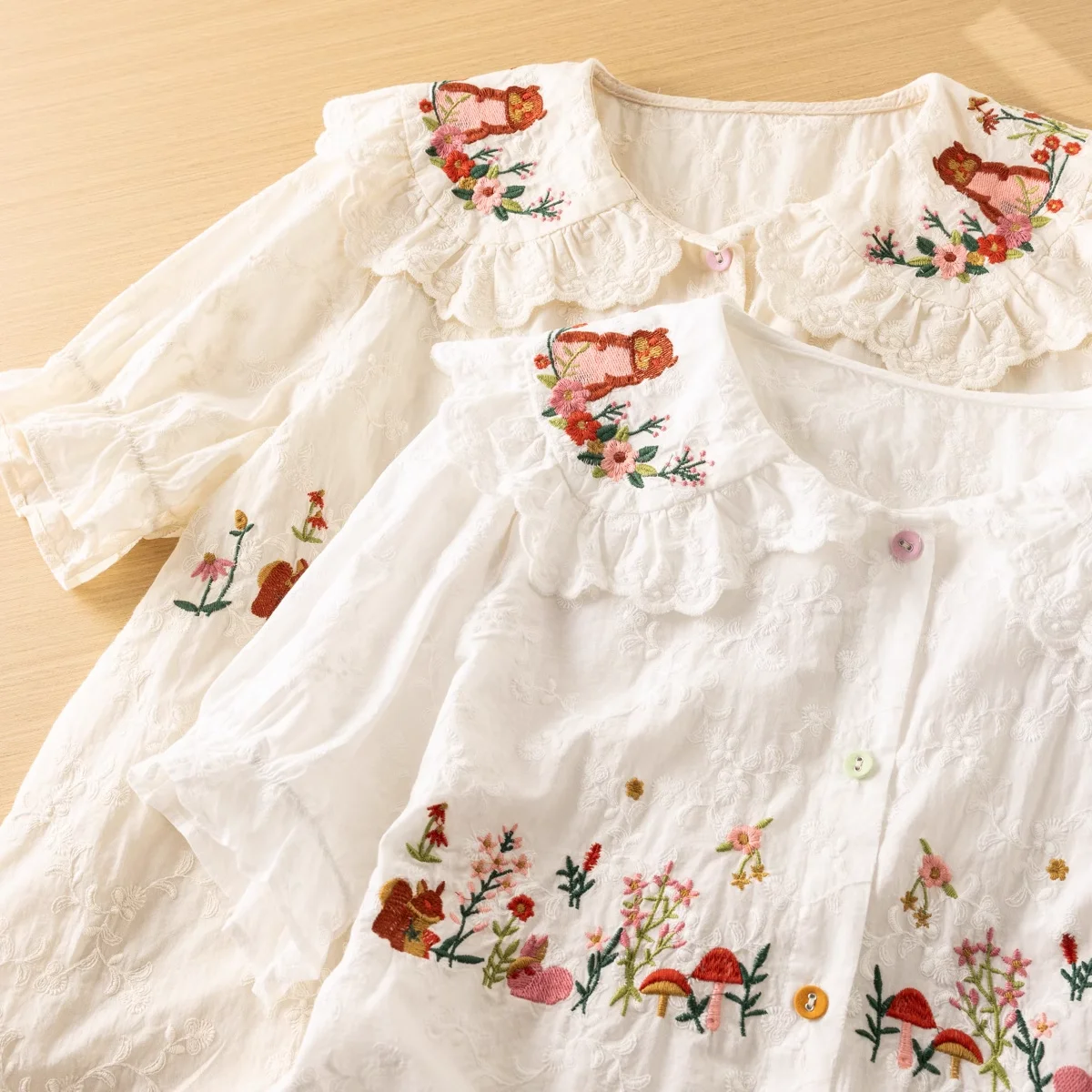 Sweet Mori Girl Embroidered Shirt Female Peter Pan Collar Blouse Women Japan Style Summer 100% Cotton Short Sleeve Shirts