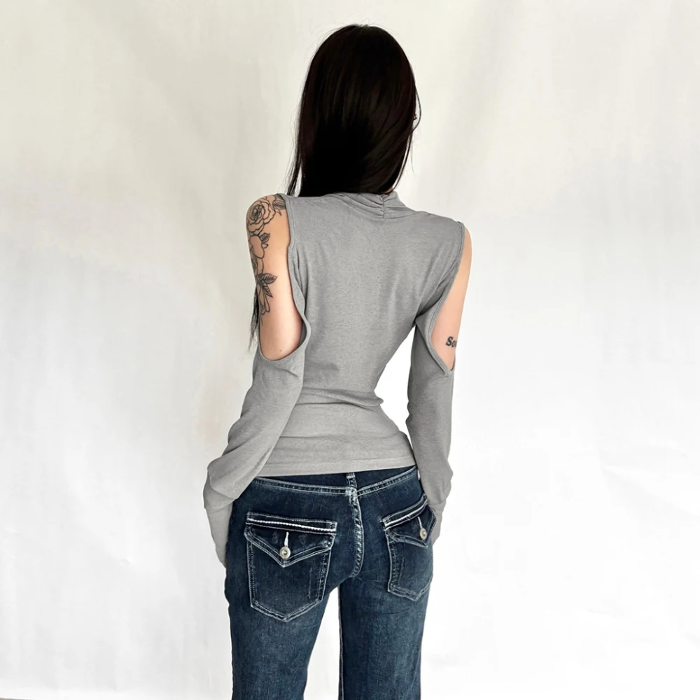 تي شيرت كاجوال على الموضة للسيدات بياقة متأرجحة وتصميم مجوف وأكمام طويلة للشارع متعدد الاستخدامات وبسيط وأساسية كلاسيكية