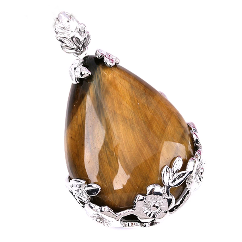 Silver Plated Natural Original Tiger Eye Stone Flower Water Drop Pendant Charm Jewelry For Women Men Girls Gifts