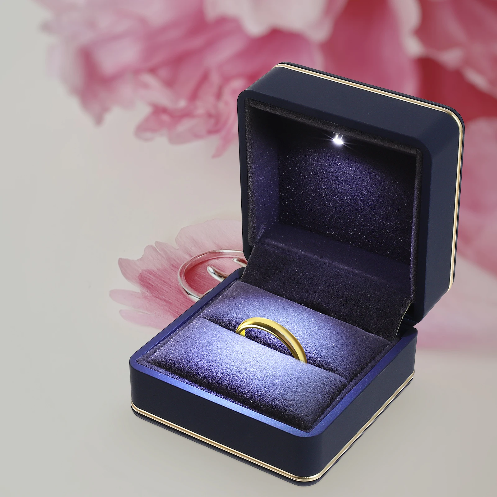 

Gold LED Light Ring Box Lighting Jewelry Case Accessories Blue Plastic Luminous